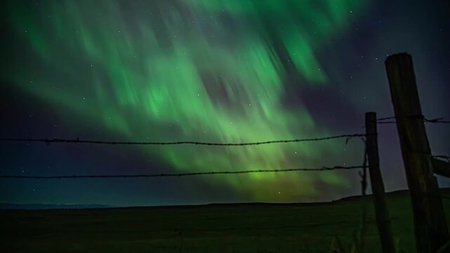 Northern lights flickering barbed wire fence 