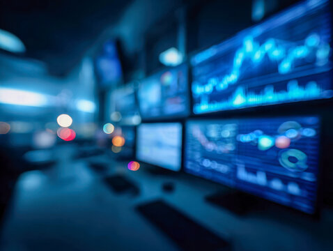 Blurred digital data and analytics visualizations displayed on multiple screens in a dimly lit control room or modern technology workspace environment - Powered by Adobe