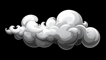 Stylized white smoke or steam cloud illustration with graphic swirls and glossy highlights. Isolated element on a solid black background, ideal for overlay effects and design compositions.