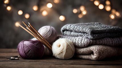 Knitting Supplies Yarn Balls Knitted Sweaters Wooden Table Cozy Craft Handmade Textile Hobby Stilllife Lifestyle Concept Rustic Warm Creativity