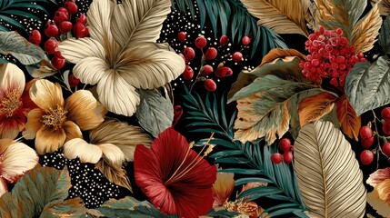 A vibrant botanical illustration featuring tropical flowers and foliage against a dark background