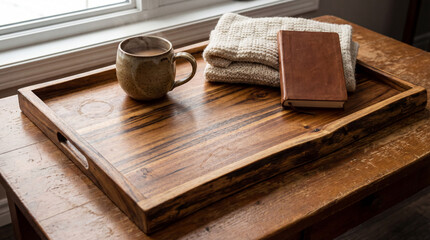 Wooden serving tray with coffee mug, blanket, and notebook indoors  