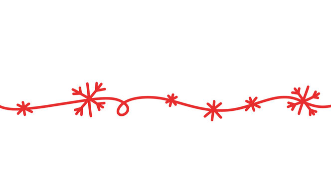 Red Hand Drawn Christmas Snowflake Divider Line Doodle Border, Luxury Glitter Snowflake on Transparent Background, Festive Winter Decoration.