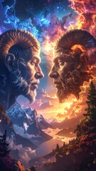 Two faces, reflecting opposing forces, framed by a celestial landscape