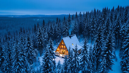 Aerial view of A-frame wooden cabin in snow covered pine forest