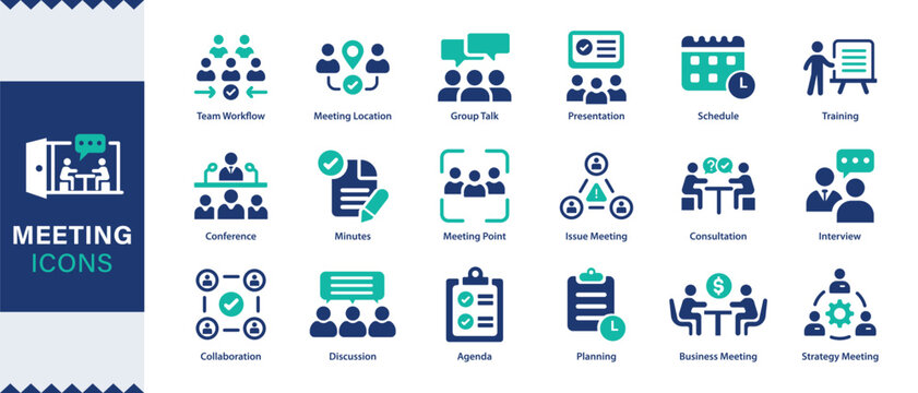 Meeting icon set. Containing seminar, business meeting, presentation, interview, conference, assembly, agreement and discussion icons. Solid icon collection.