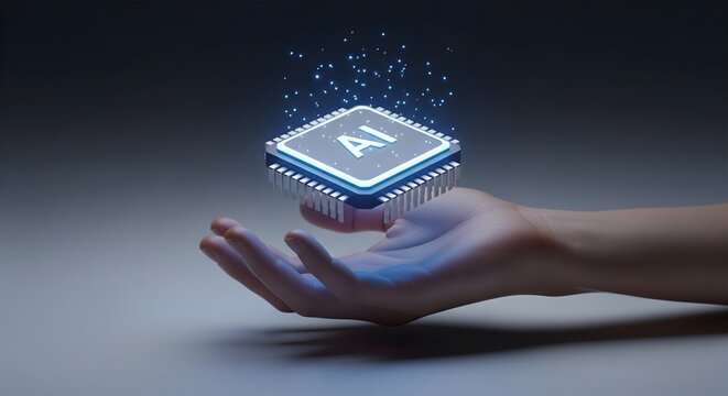 Human hand holding a glowing artificial intelligence microprocessor chip floating above the palm, symbolizing digital technology and neural network processing