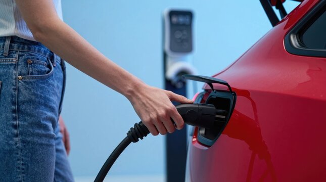 Charging an electric car at a charging station indoors during daytime Generative AI - Powered by Adobe