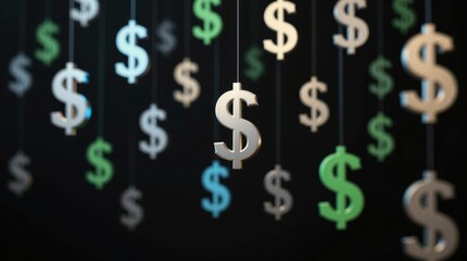 Hanging dollar signs create a visual display against a dark background Generative AI