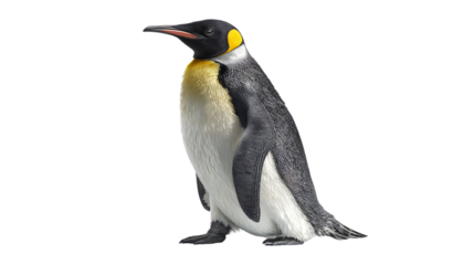 King penguin standing upright isolated on transparent background looking sideways