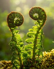 Two fern fronds unfurling in sunlight
