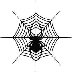 Silhouette Black Spider On Cobweb Halloween Decoration Creepy Insect Vector Illustration