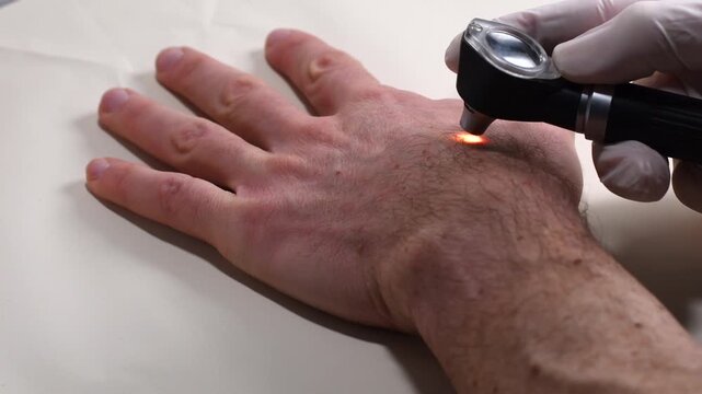Dermatologist dermatoscope skin cancer screening male patient wrist; close-up dermoscopy exam early melanoma detection prevention. Mole check, mapping, nevus exam, oncology, biopsy, medical checkup.