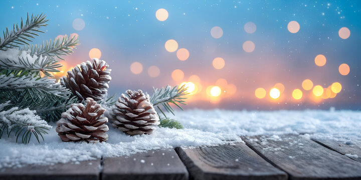 Fir Branches And Pinecones On Snowy Table And Christmas Lights