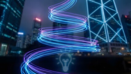 Cityscape at night with vibrant neon lights swirling around a landmark structure