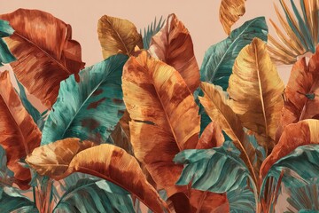 Lush foliage with large leaves in shades of green, orange, and gold, on a muted background