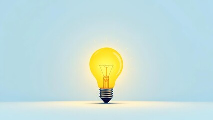 A bright glowing yellow light bulb on a plain blue background symbolizing ideas and innovation in business and technology