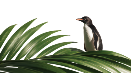 A penguin perched on a large green leaf isolated on transparent background in a tropical setting