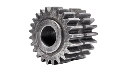 Rusty metal gear with a circular hole on transparent background