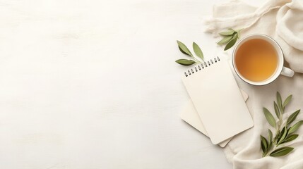 A warm cup of herbal tea rests beside a blank notepad and fresh green leaves, suggesting peaceful relaxation and self care moments.