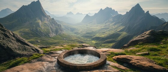 Relaxing natural hot pool overlooking a serene green mountain valley with misty peaks under a clear sky, promoting a peaceful outdoor wellness experience.