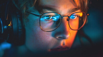 Focused gamer engages in intense esport session, illuminated by glow of screen. concentration and excitement are palpable as they navigate virtual world