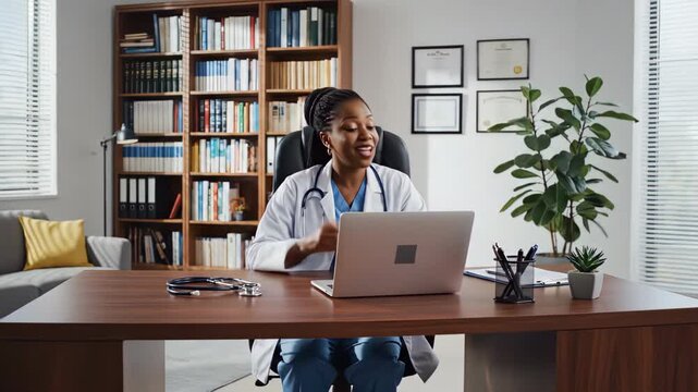 Black Female Doctor Conducting Online Video Consultation at Desk in Office