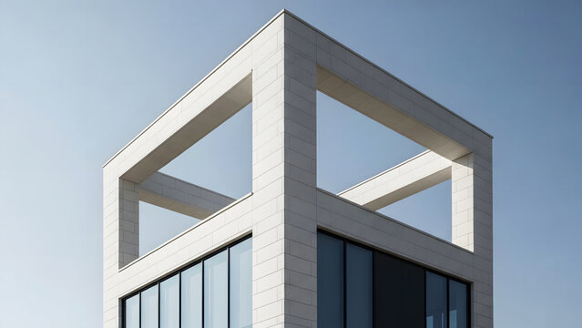Modern white stone building with glass windows against clear blue sky architecture