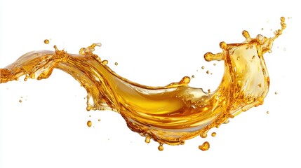 Fototapeta premium A splash of liquid in a golden color moves through the air with curved forms. The scene shows the fluid energy as it flows and disperses against a plain backdrop.
