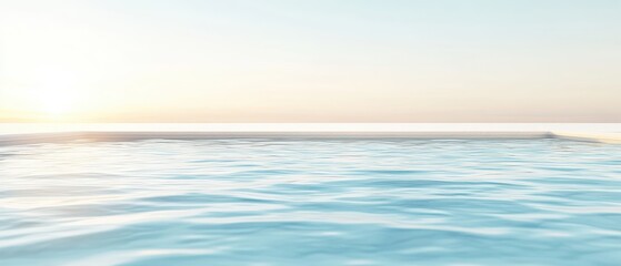 Calm water surface reflecting soft sunlight, pristine pool edge, serene ocean horizon, peaceful escape, wellness destination.