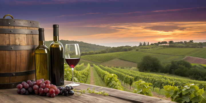 Bottles And Wineglasses With Grapes And Barrel In Rural Scene
