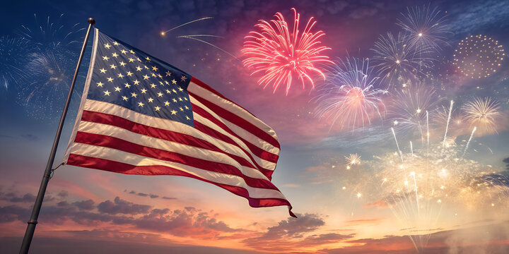 Independence Day - Usa Flag And Fireworks At Night - Abstract Bokeh Light Effects 