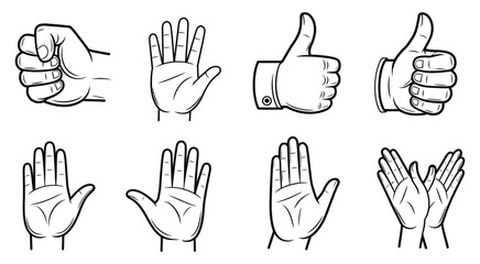 Fototapeta premium Hand gestures vector artwork with black and white outlines, including fist, thumbs up, and open hands, ideal for digital design, social media, and communication symbols.
