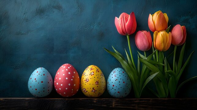 Colorful Easter eggs and fresh tulips on a wooden shelf with a blue background - Powered by Adobe