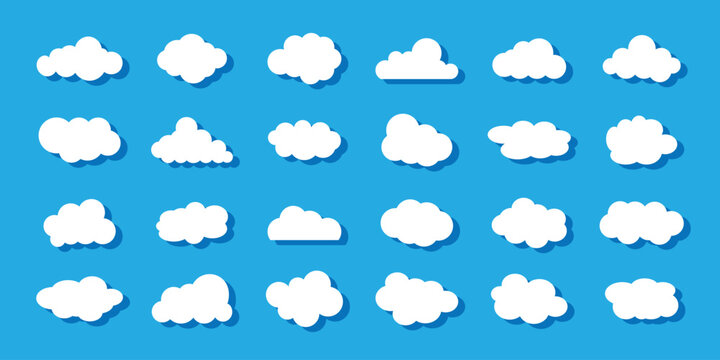 Cloud shapes vary in size and form. Simple cloud design for weather or sky themes. Abstract vector Blue cloud silhouette collection in cute flat cartoon style for web background. Blue cloud collection