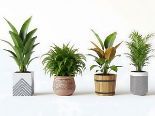 Four potted plants in different containers against a white background indoor plants