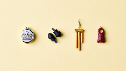 Artistic Still Life Arrangement of Small Decorative Items on a Pale Yellow Surface Showcasing Craftsmanship and Unique Design Aesthetics