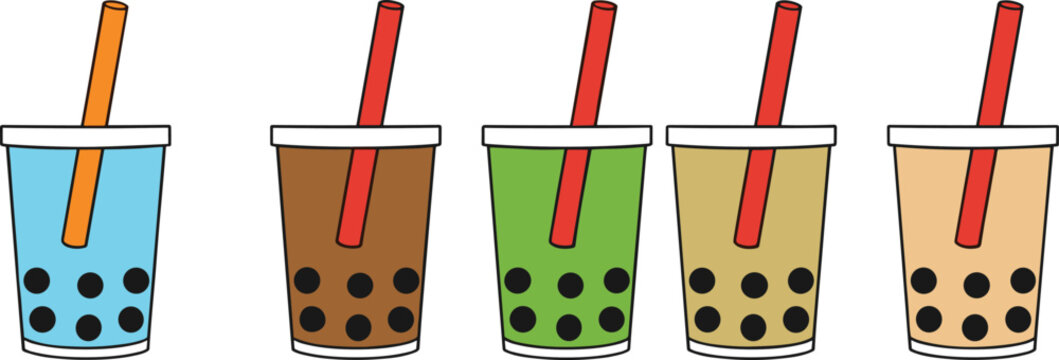 Bubble tea drink vector set featuring colorful milk tea cups with tapioca pearls and straws, perfect for cafe menus, food branding, and beverage designs