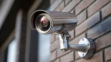 Modern high-resolution outdoor security camera mounted on a brick wall for surveillance and safety monitoring in an urban environment during daylight hours