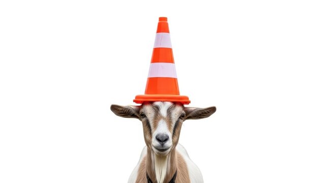 Funny Goat Wearing Traffic Cone Helmet on Head Isolated on White Background