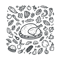 Thanksgiving feast with turkey and seasonal foods for celebration. Vector illustration