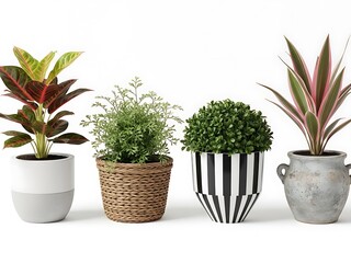 Four potted plants in different containers on a white background indoor plants plant pots