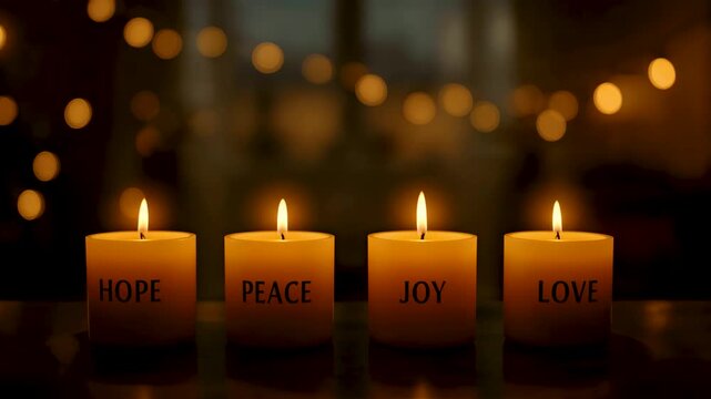 Four burning pillar candles labeled Hope, Peace, Joy, and Love arranged in a row against warm golden bokeh