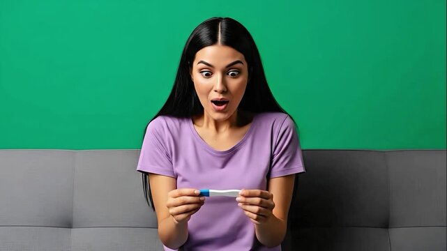 Young woman overjoyed with positive pregnancy test result holding test kit with excited