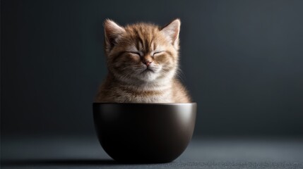 Peaceful Kitten With Closed Eyes Sitting in Coffee Cup