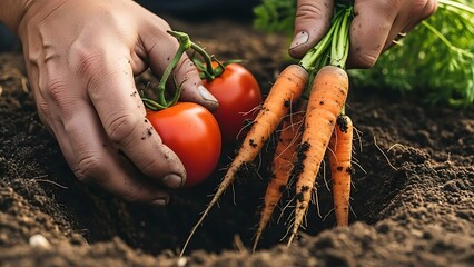 Farmer hands harvesting organic vegetables from rich soil, close-up macro view of hands and vegetables (tomatoes, carrots), morning light on hands, dirt and roots visible, sustainable agriculture, pho