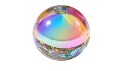 Iridescent crystal ball with rainbow colors isolated on transparent background shining brightly