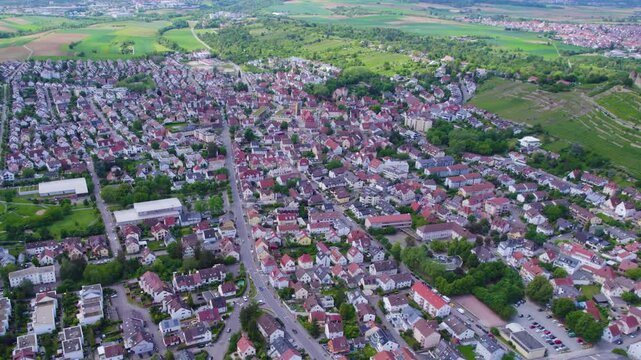 An Aerial panoramic view of the old town of the city Asperg on a sunny summer noon in Germany. 
