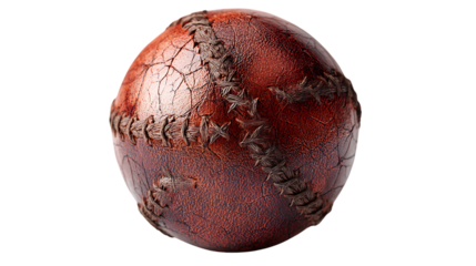 A brown leather cricket ball isolated on transparent background with stitching details