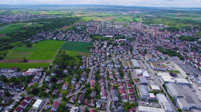 An Aerial panoramic view of the old town of the city Asperg on a sunny summer noon in Germany. 